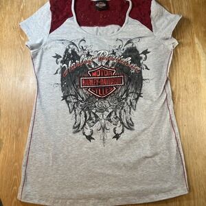 Harley Davidson‎ Women's Shirt Large Gray Red Lace Jeweled Milwaukee